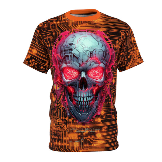 CyberPunk Cybernetic Skull breaking through a Orange Neon Circuit Board Unisex Cut & Sew Tee (AOP) Gifts for her Gifts for Him