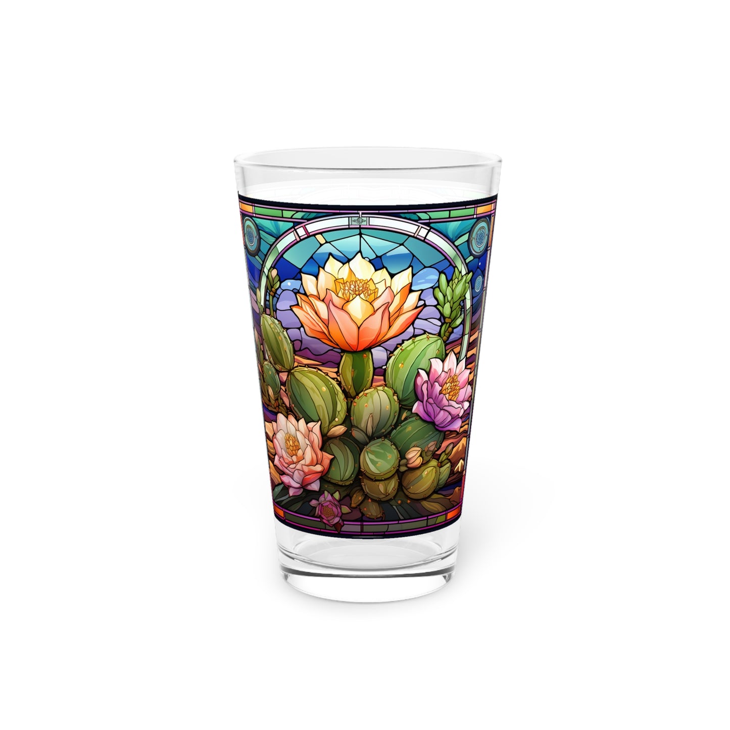 Desert Bloom: A Stained Glass Tribute to Cacti 16oz Pint Glass Gift idea gifts for home decor housewarming gift