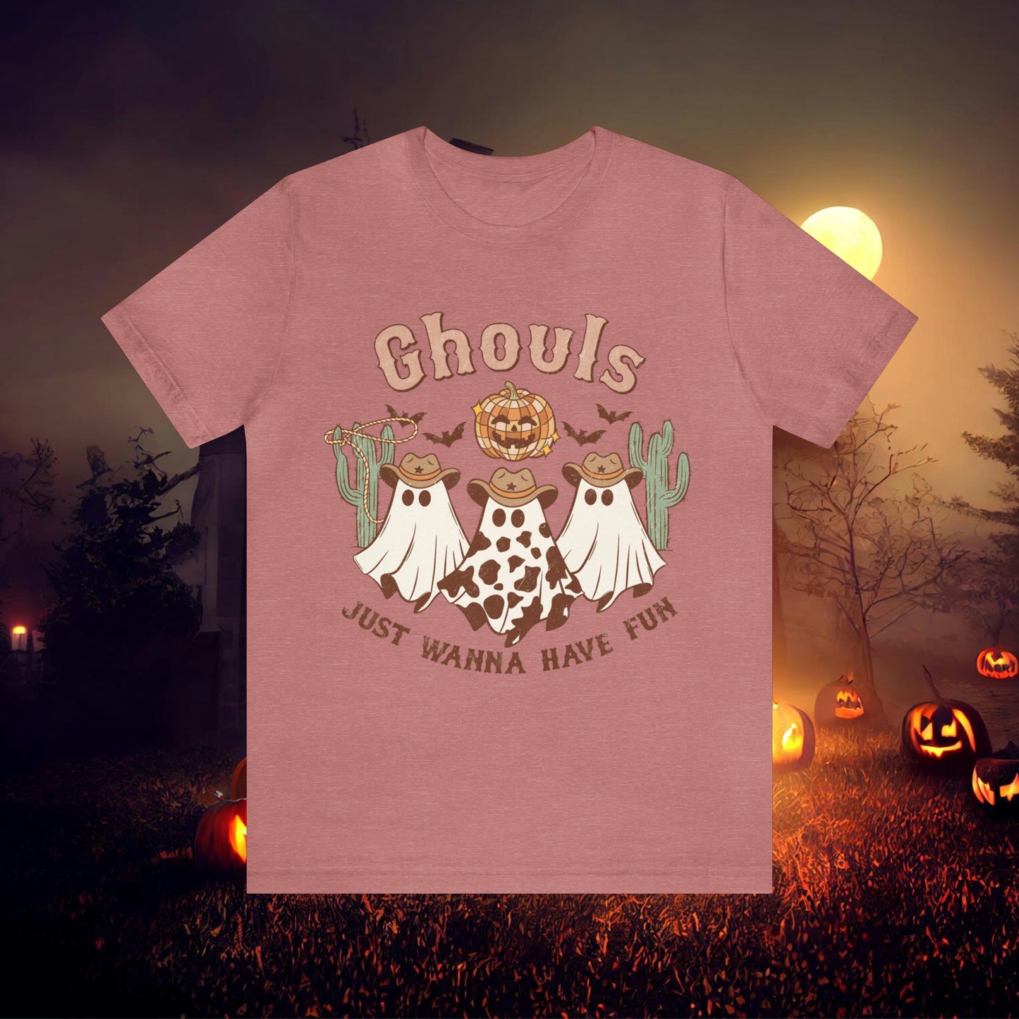 Ghouls Just wanna have fun Cowgirl Ghosts Retro Halloween Unisex Jersey Short Sleeve Tee Gifts for her