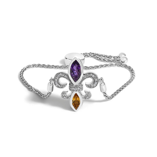 .925 Sterling Silver Marquise Purple Amethyst, Orange Citrine, and Diamond Accent Lariat 4â€-10â€ Fleur De Lis Adjustable Bolo Bracelet (I-J Color, I1-I2 Clarity)
