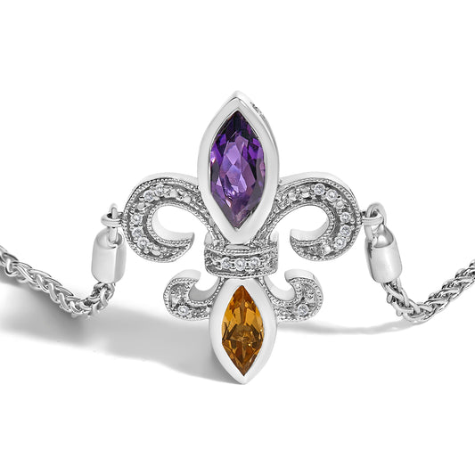 .925 Sterling Silver Marquise Purple Amethyst, Orange Citrine, and Diamond Accent Lariat 4â€-10â€ Fleur De Lis Adjustable Bolo Bracelet (I-J Color, I1-I2 Clarity)