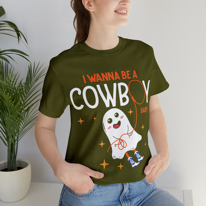 Little Ghost Saying I wanna be a cowboy baby Retro Groovy Western Halloween Unisex Jersey Short Sleeve Tee Gifts for Him Gifts for her.
