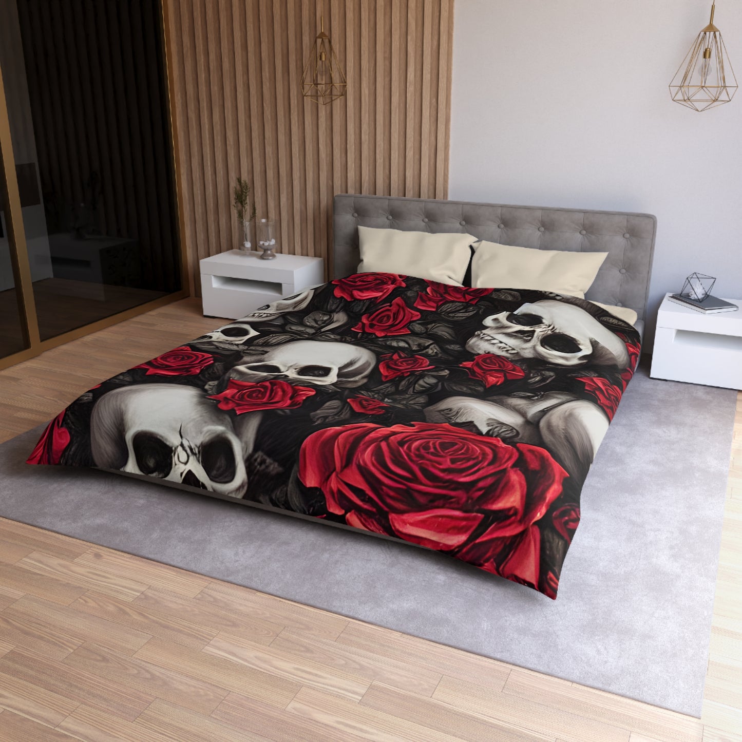 Hyper Realistic Skulls and Red Roses by artist Anne-Laure Goupil Microfiber Duvet Cover