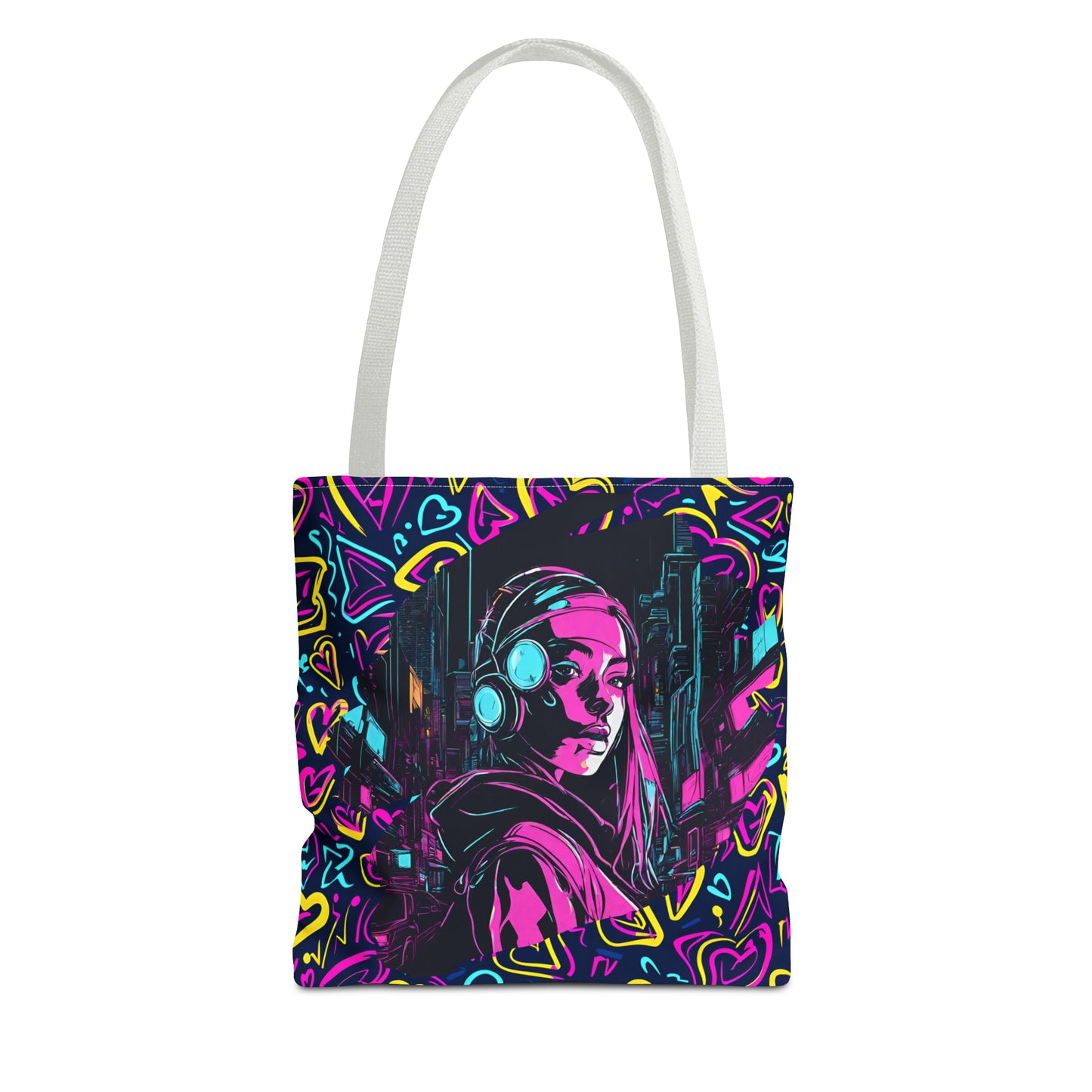 Cyberpunk Girl in Neon Graffiti Hearts AOP Tote Bag 3 sizes 5 color handle options