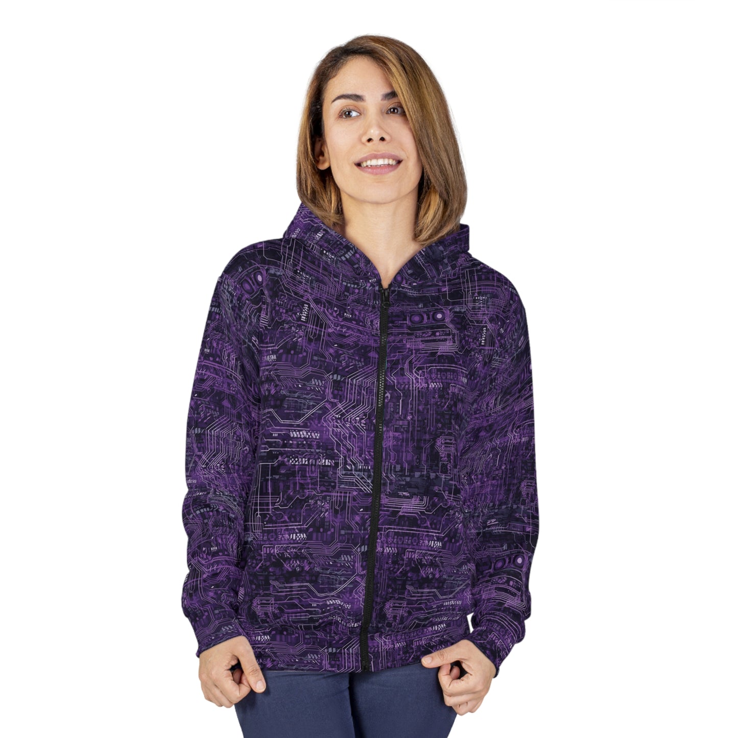 CyberPunk Cybernetic Skull breaking through a Purple Neon Circuit Board Unisex Zip Hoodie (AOP)