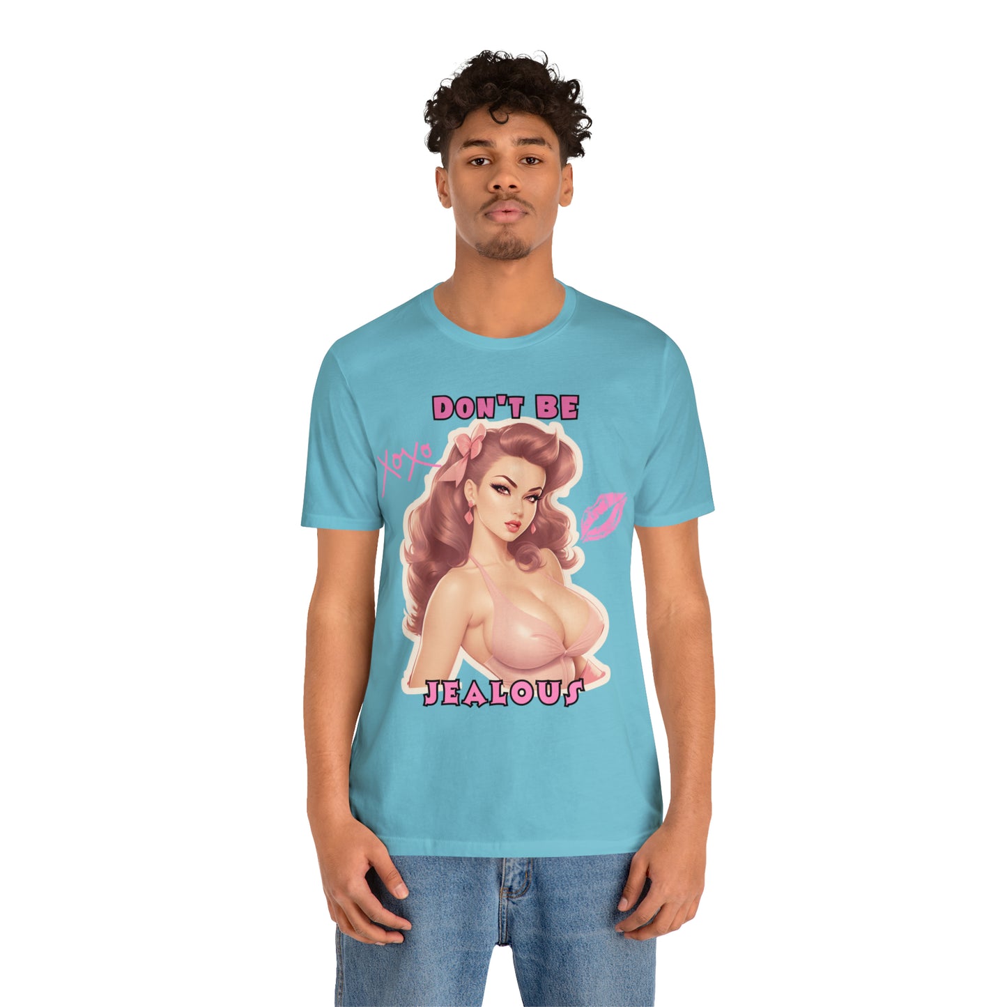 Timeless Elegance: Vintage Pink Pinup Girl "Don't Be Jealous" on a Bella+Canva 3001 Unisex Jersey T-Shirt - A Must-Have Gift for her