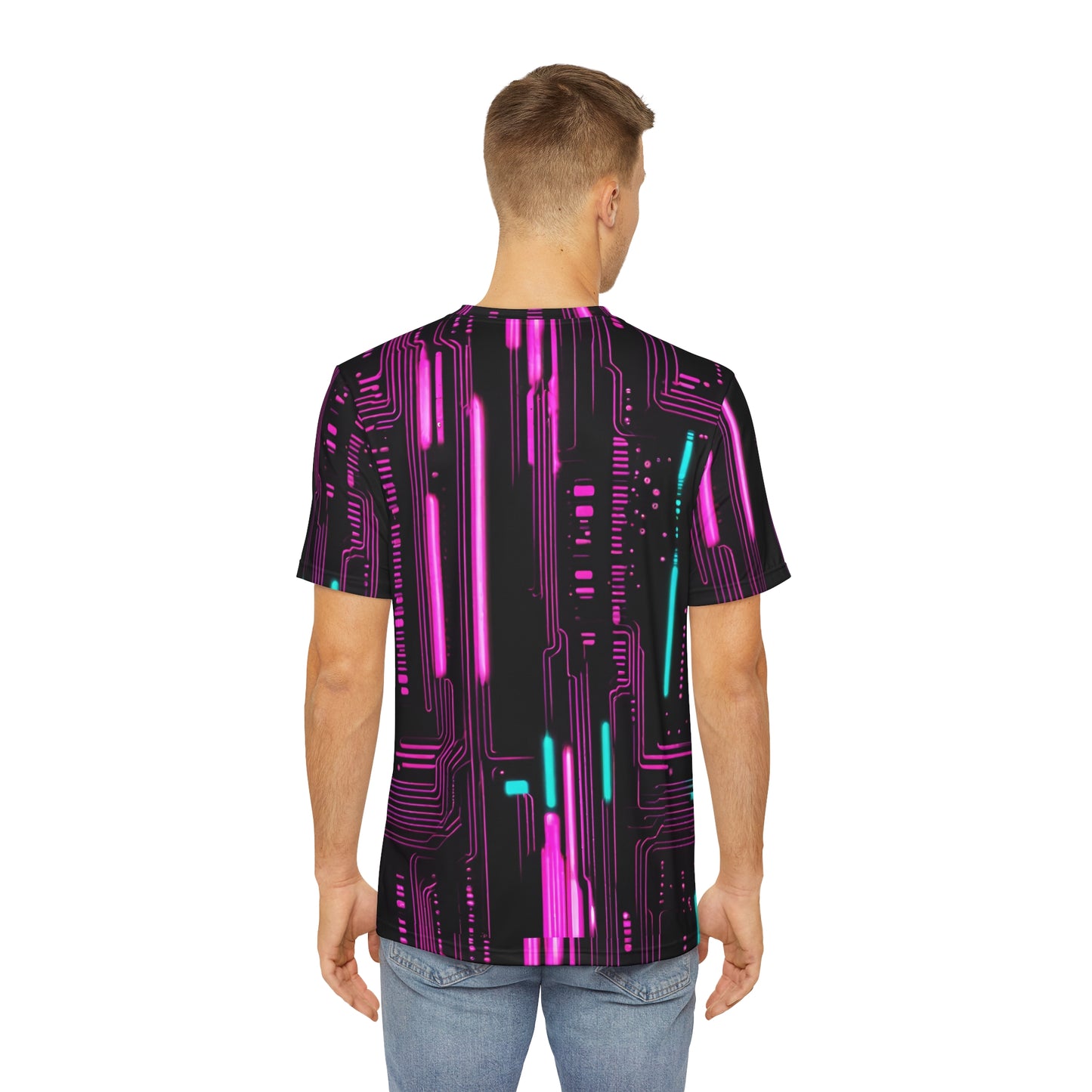 Cyberpunk Girl Men's Polyester AOP Tee - Neon Lights & 3D Circuit Board Design