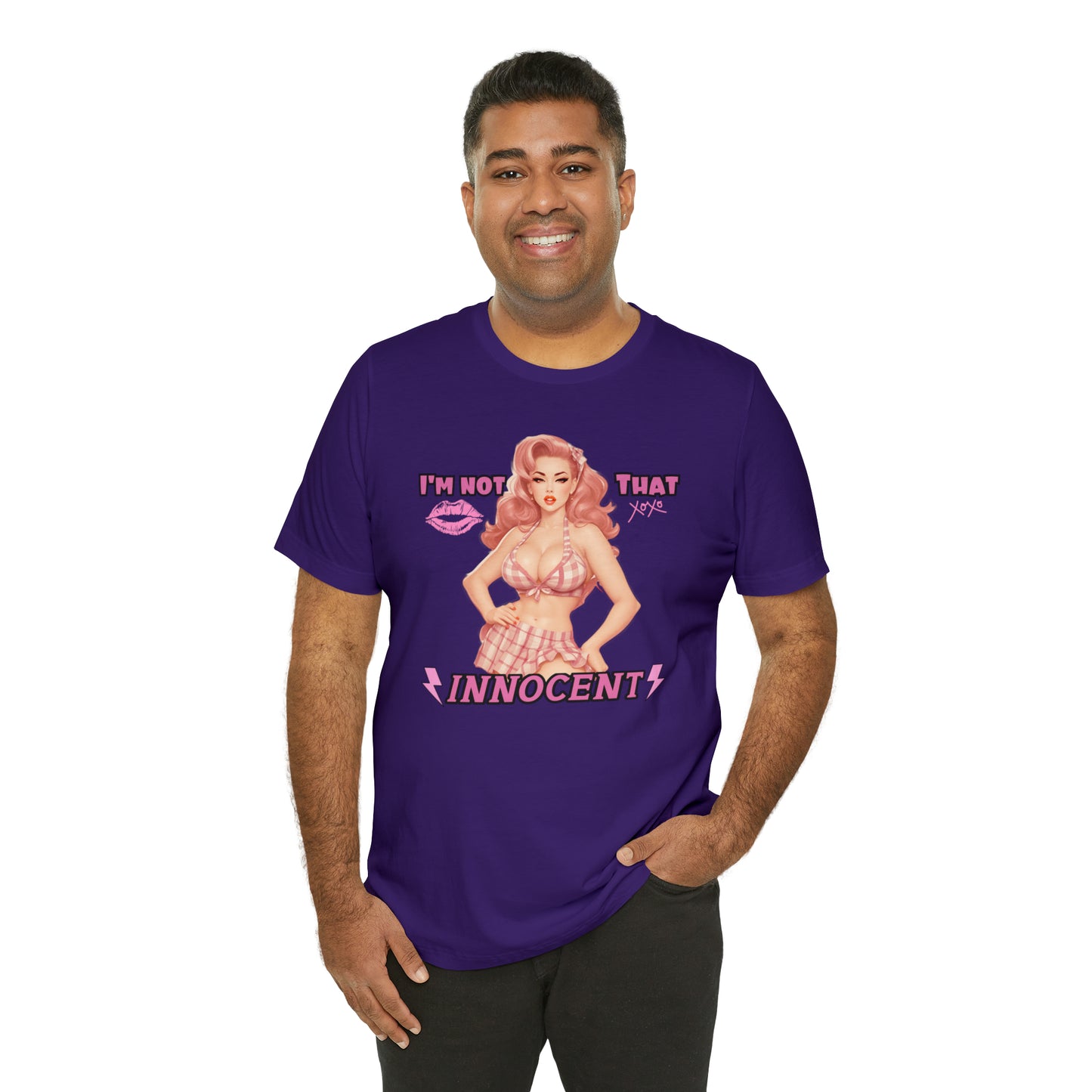 Timeless Elegance: Vintage Pink Pinup Girl "I'm not that Innocent on a Bella+Canva 3001 Unisex Jersey T-Shirt - A Must-Have Gift for her