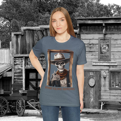 Spooky Saloon Showdown Gunslinging Skeleton Cowboy Halloween Unisex Jersey Short Sleeve Tee