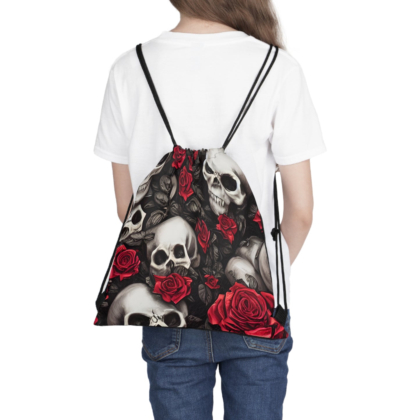 Hyper Realistic Skulls and Red Roses by artist Anne-Laure Outdoor Drawstring Bag