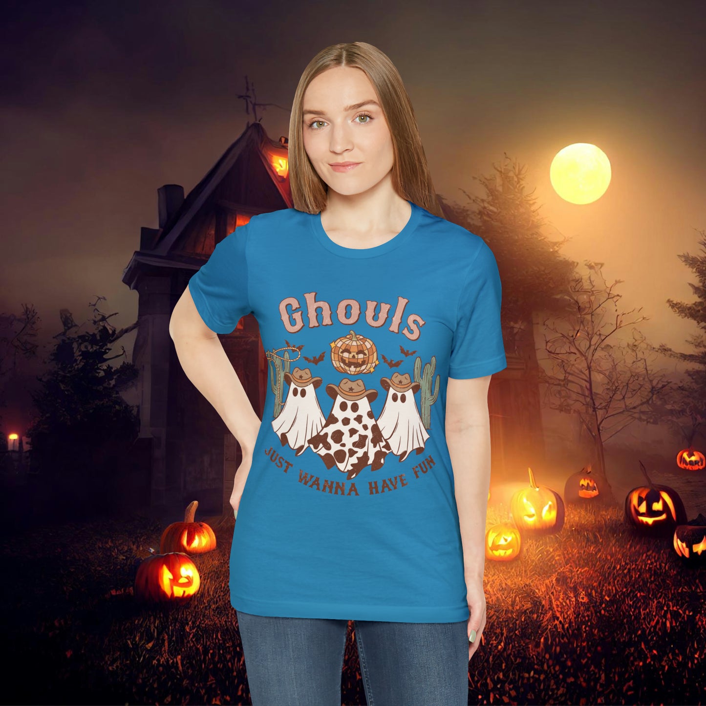 Ghouls Just wanna have fun Cowgirl Ghosts Retro Halloween Unisex Jersey Short Sleeve Tee Gifts for her