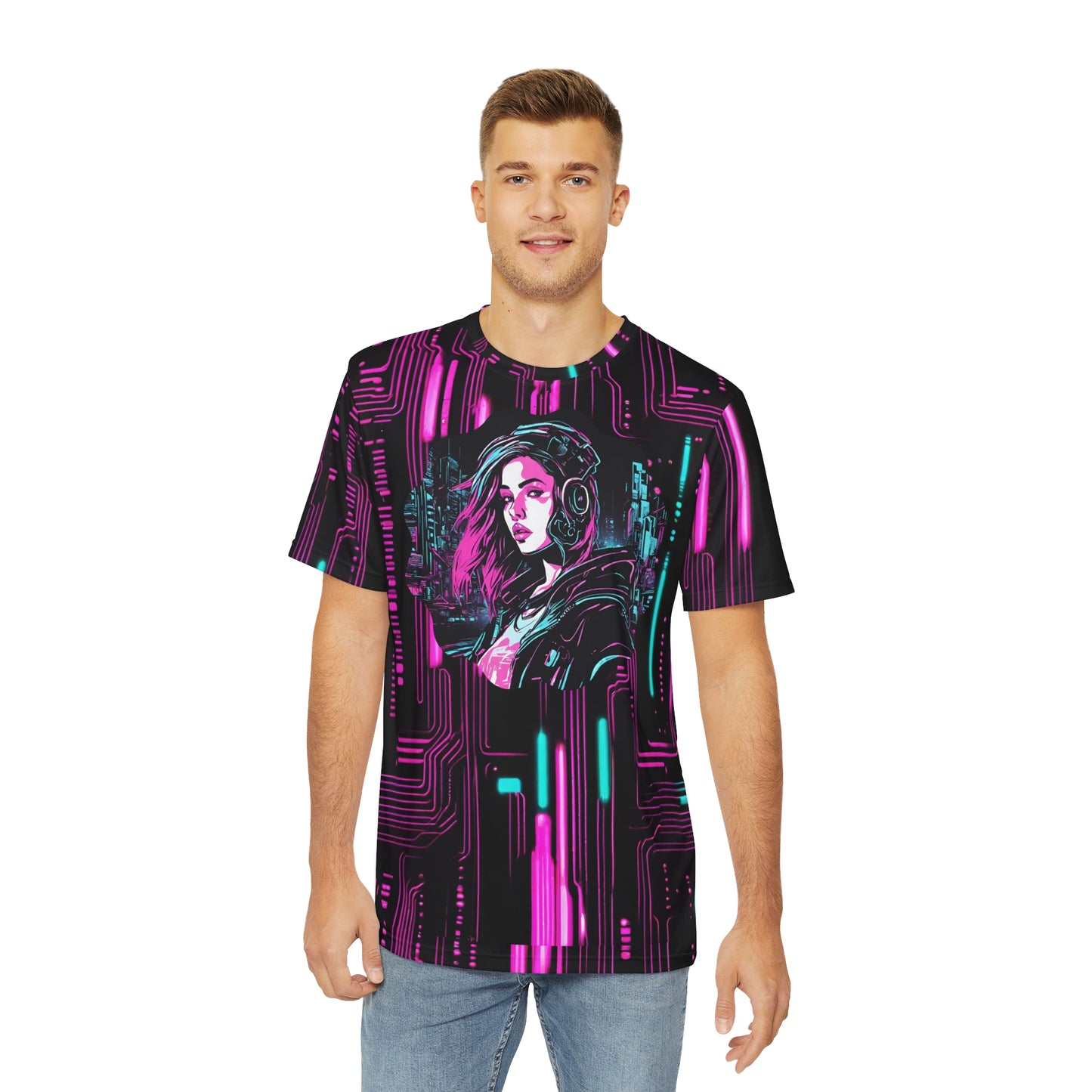 Cyberpunk Girl Men's Polyester AOP Tee - Neon Lights & 3D Circuit Board Design