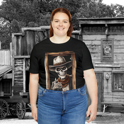 Spooky Saloon Showdown Gunslinging Skeleton Cowboy Halloween Unisex Jersey Short Sleeve Tee