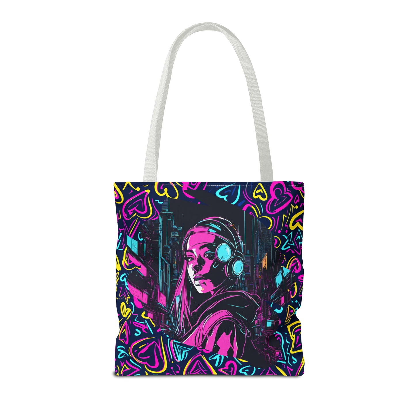 Cyberpunk Girl in Neon Graffiti Hearts AOP Tote Bag 3 sizes 5 color handle options