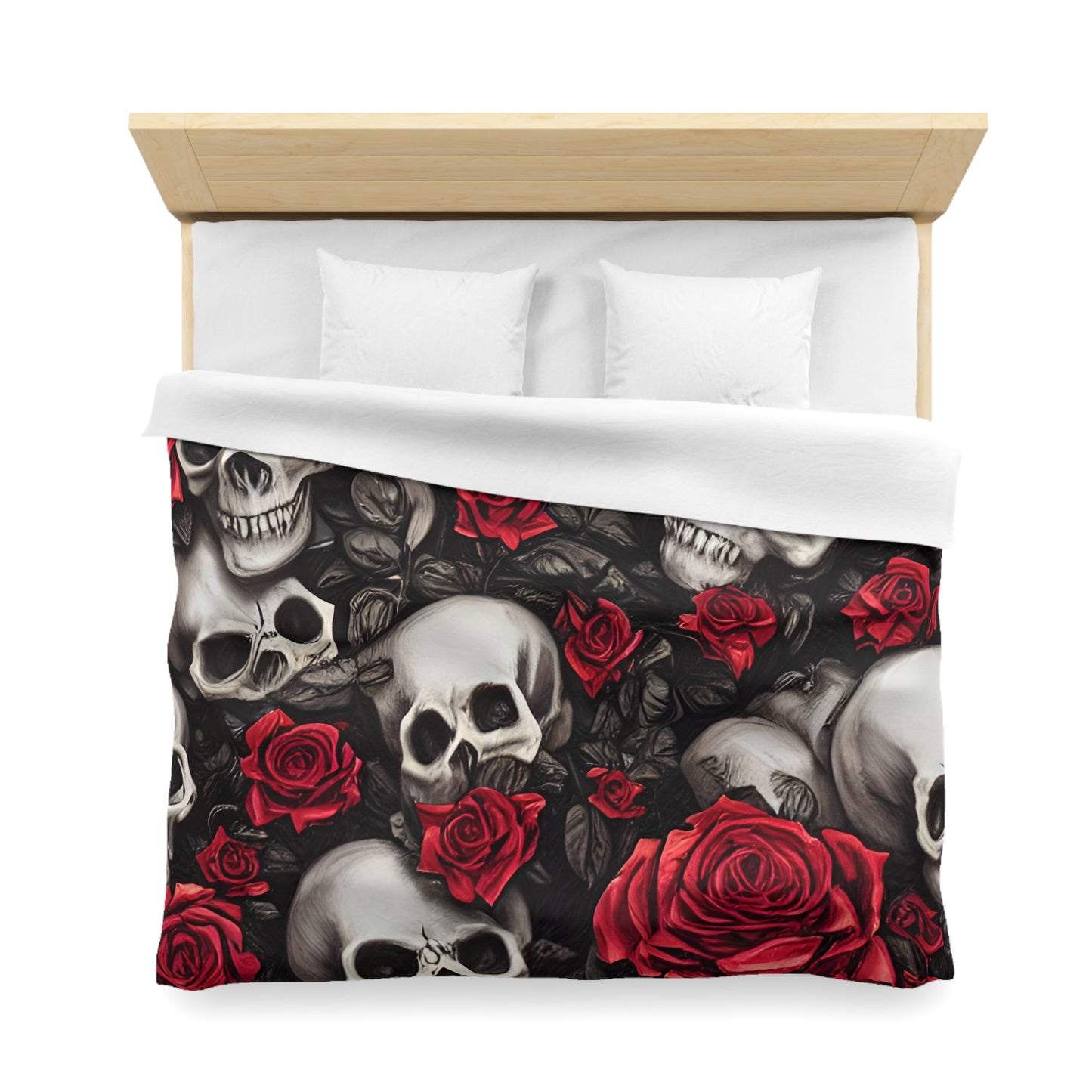 Hyper Realistic Skulls and Red Roses by artist Anne-Laure Goupil Microfiber Duvet Cover