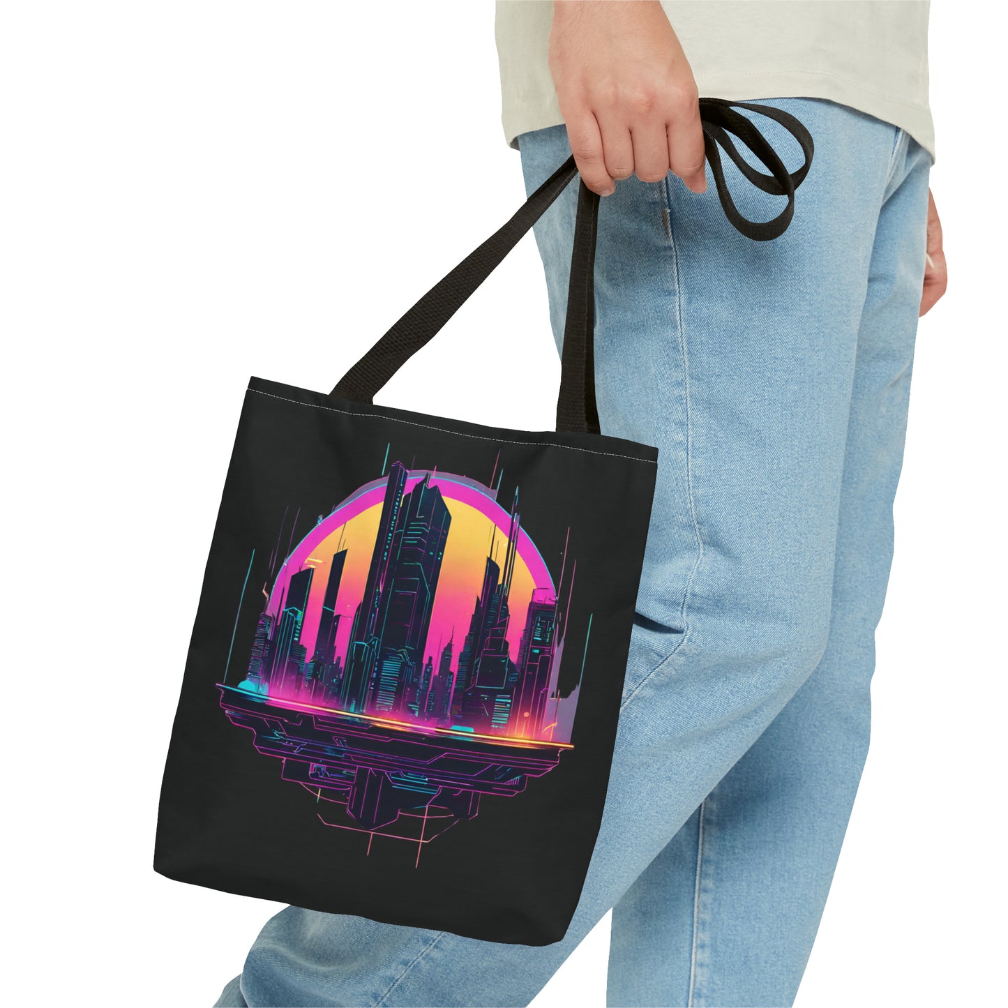 Cyberpunk City Landscape AOP Tote Bag 3 sizes 5 color handle options