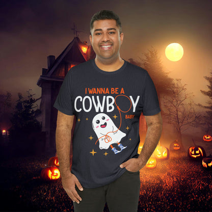 Little Ghost Saying I wanna be a cowboy baby Retro Groovy Western Halloween Unisex Jersey Short Sleeve Tee Gifts for Him Gifts for her.