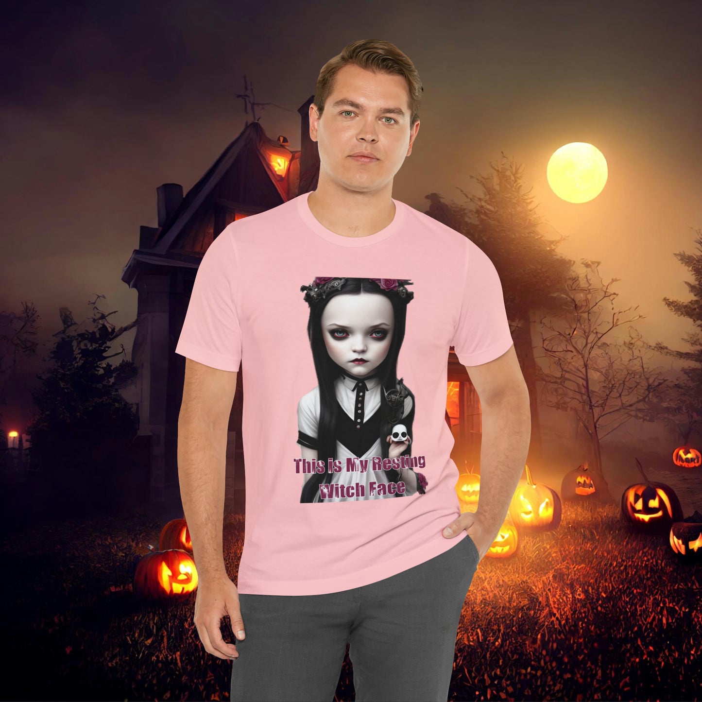 Wednesday Addams Chibi by Charlie Bowater This Is my Resting Witch Face Halloween Unisex Jersey Short Sleeve Tee