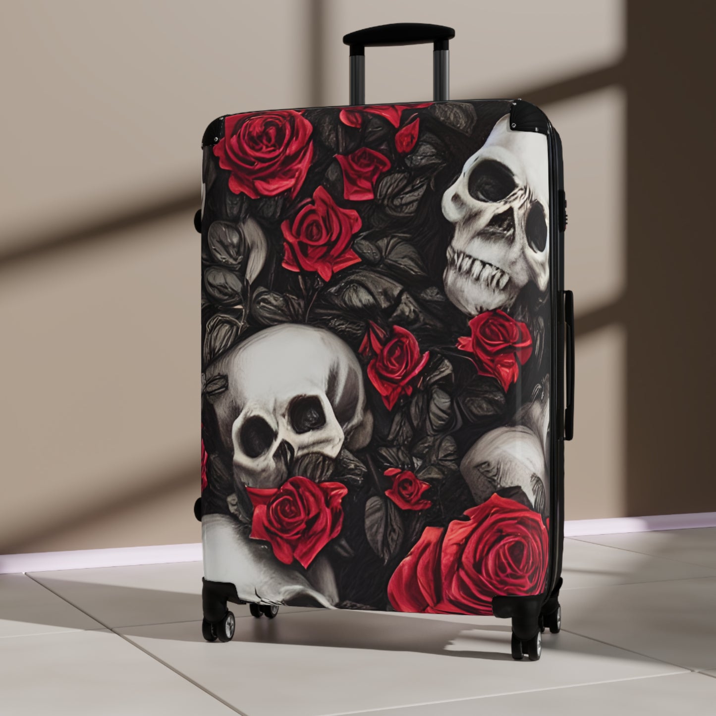 Hyper Realistic Skulls and Red Roses by artist Anne-Laure Goupil Suitcase