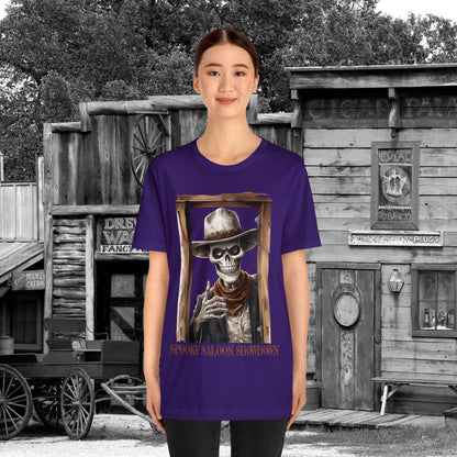 Spooky Saloon Showdown Gunslinging Skeleton Cowboy Halloween Unisex Jersey Short Sleeve Tee
