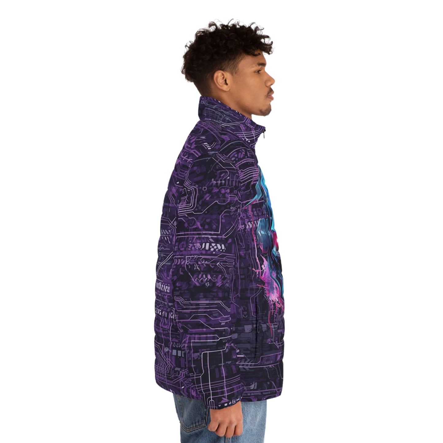 CyberPunk Cybernetic Skull breaking through a Purple Neon Circuit Board Men's Puffer Jacket (AOP)