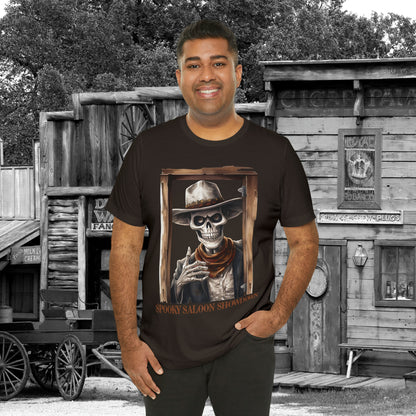 Spooky Saloon Showdown Gunslinging Skeleton Cowboy Halloween Unisex Jersey Short Sleeve Tee
