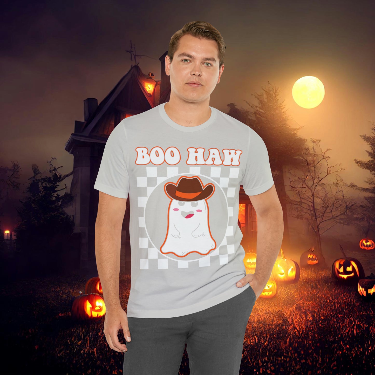 Cute Cowboy Ghost Saying Boo Haw Retro Groovy Western Halloween Unisex Jersey Short Sleeve Tee Gifts for Him Gifts For Her