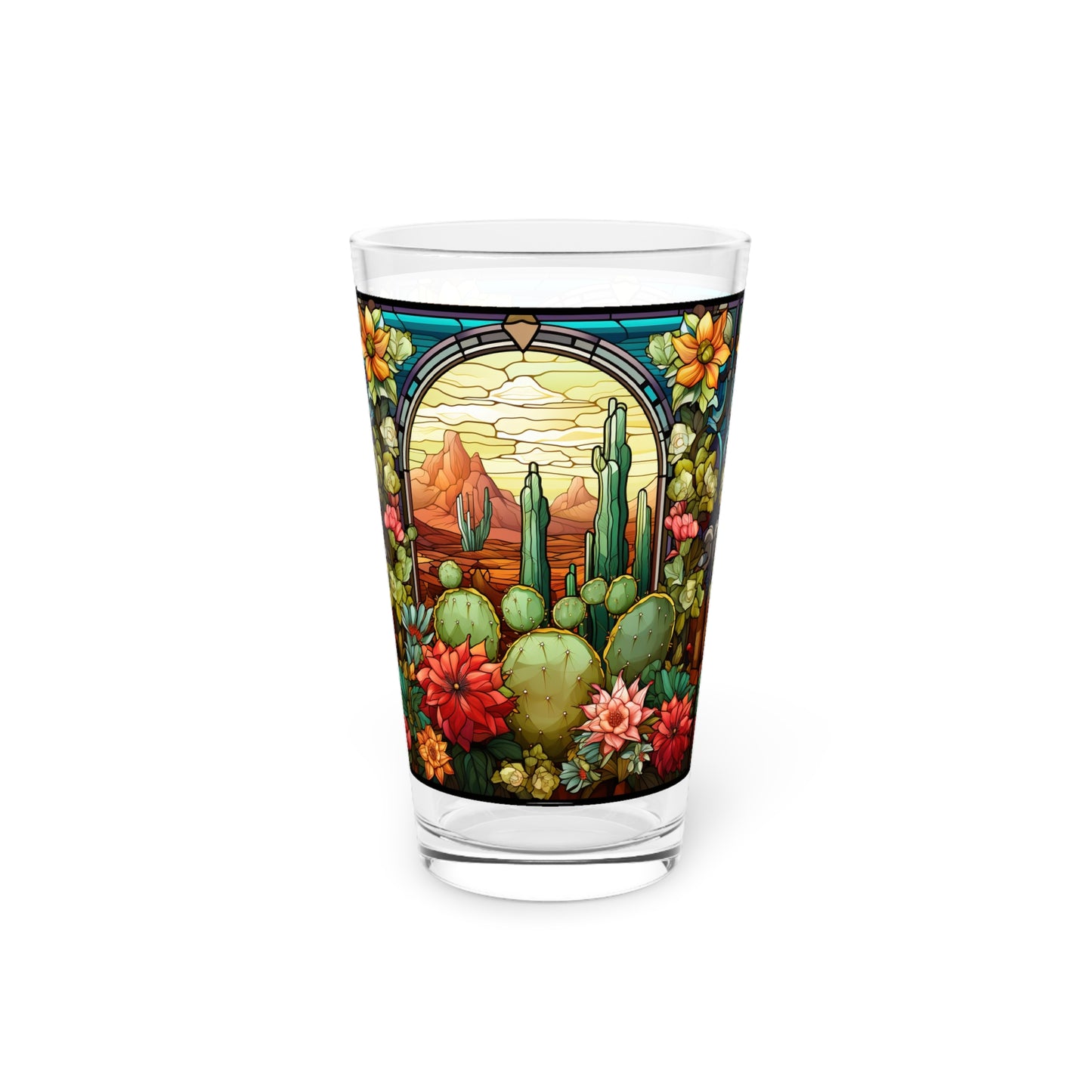 Desert Bloom: A Stained Glass Tribute to Cacti 16oz Pint Glass Gift idea gifts for home decor housewarming gift