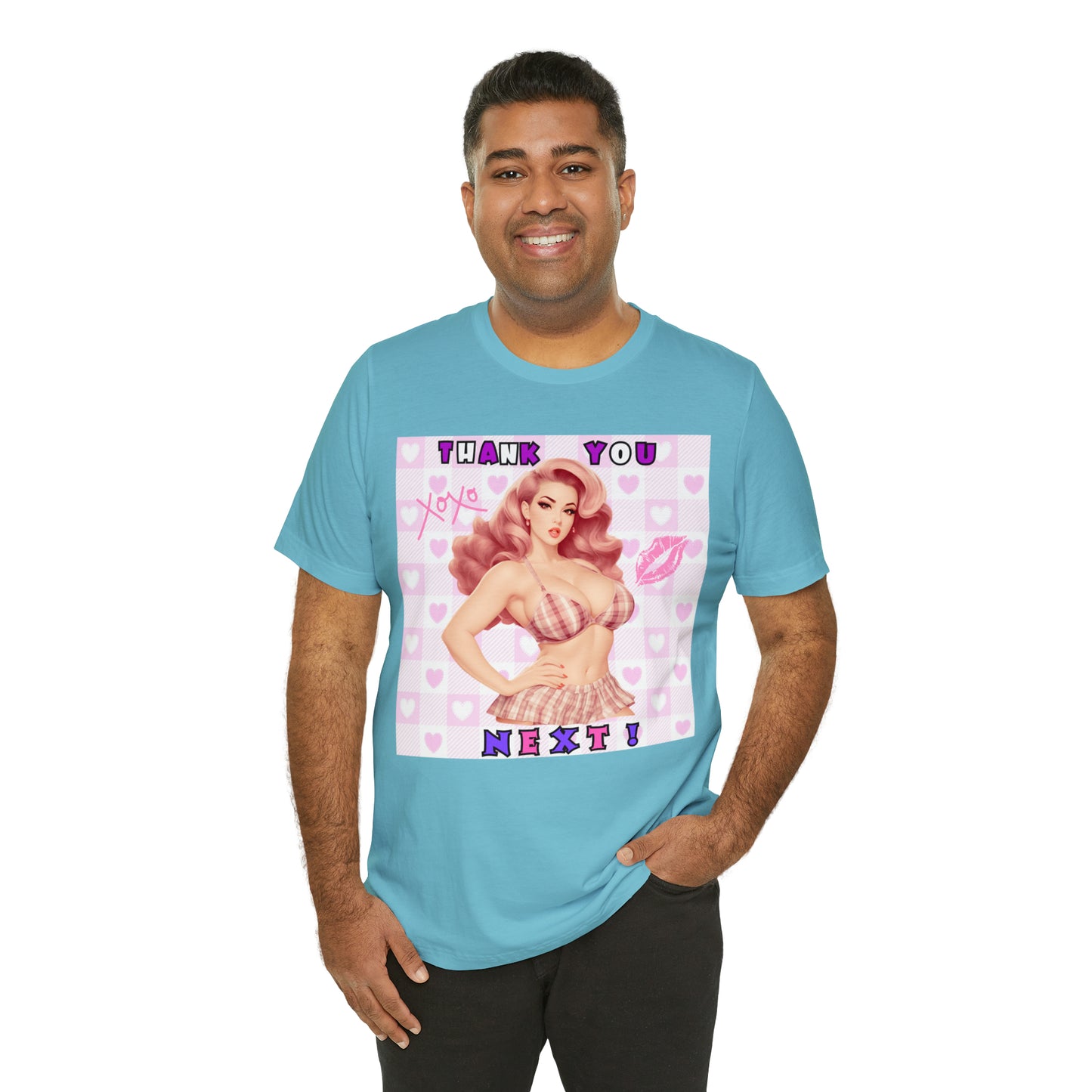 Timeless Elegance: Vintage Pink Pinup Girl "Thank You Next" on a Bella+Canva 3001 Unisex Jersey T-Shirt - A Must-Have Gift for her