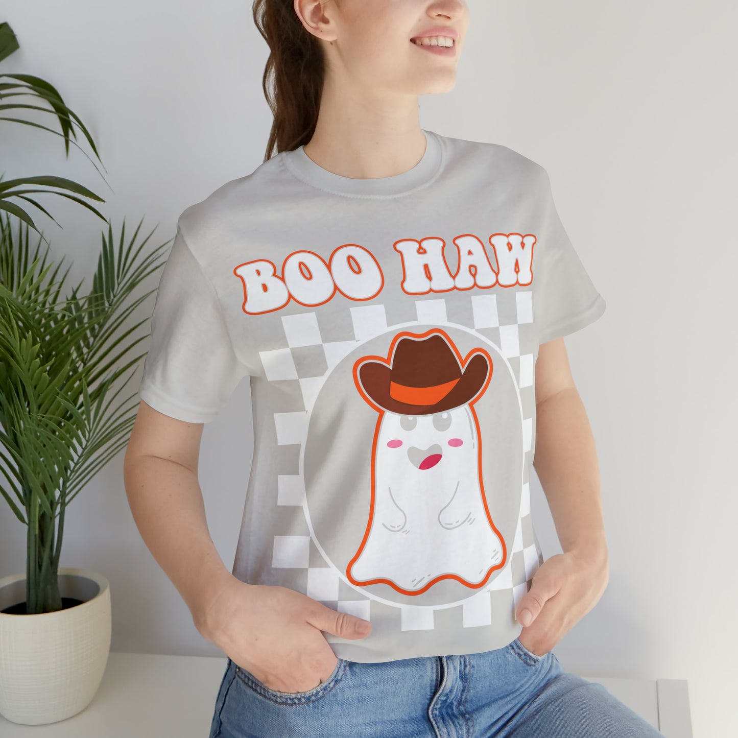 Cute Cowboy Ghost Saying Boo Haw Retro Groovy Western Halloween Unisex Jersey Short Sleeve Tee Gifts for Him Gifts For Her