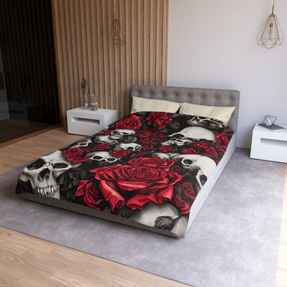 Hyper Realistic Skulls and Red Roses by artist Anne-Laure Goupil Microfiber Duvet Cover