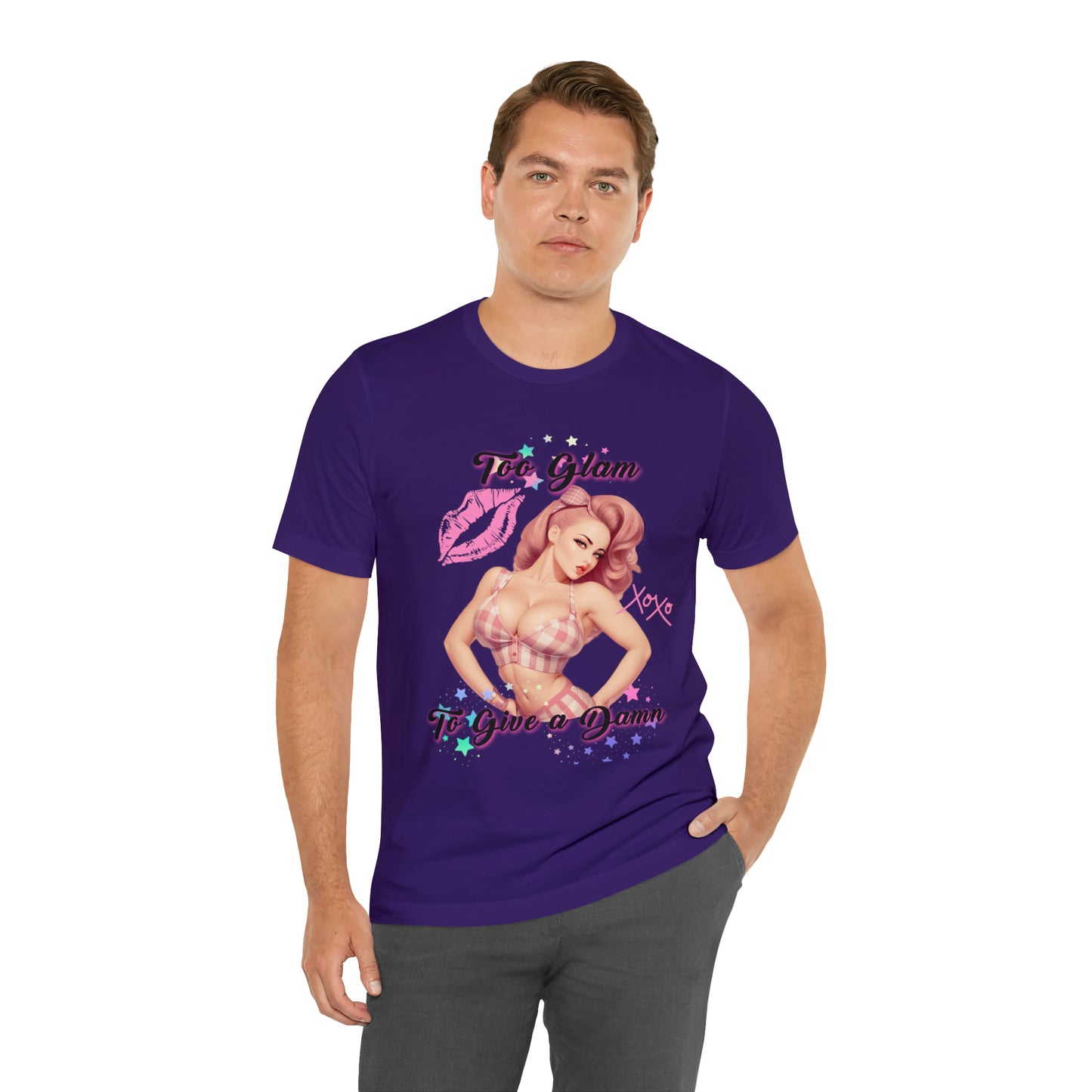 Vintage Pink Pinup Girl "Too Glam To Give a D*mn" on a Bella+Canva 3001 Unisex Jersey T-Shirt - A Must-Have Gift for her