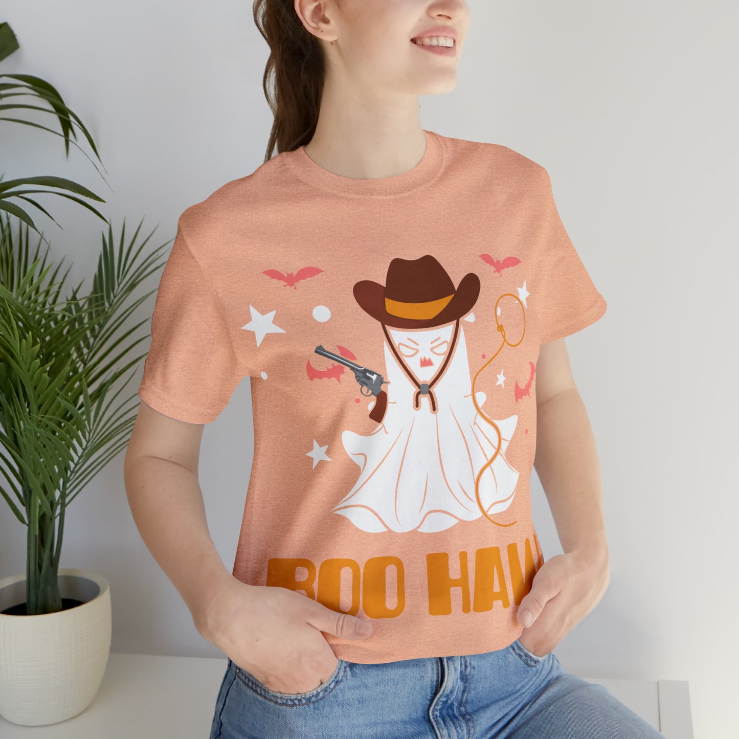 Ghost Cowboy Gunslinger saying Boo Haw Retro Western Halloween Unisex Jersey Short Sleeve Tee Gifts for Her Gifts for Him