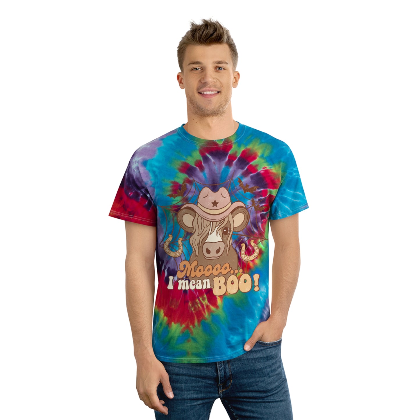 Cow saying moooo I mean boo Western Halloween Retro Tie-Dye Tee, Spiral Gifts for her Gifts for him