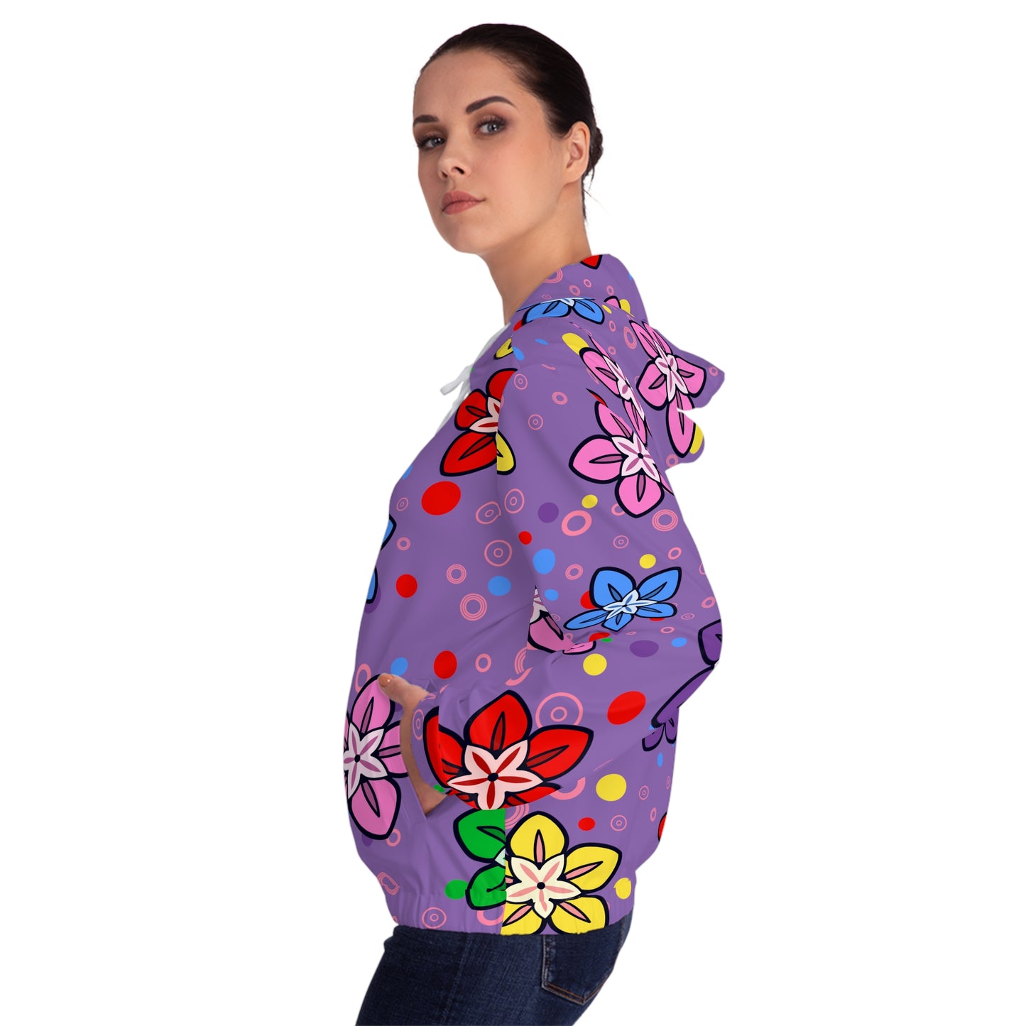 Good Times and Good Vibes Retro Colorful Flowers on a Purple background Womens Full-Zip Hoodie (AOP)