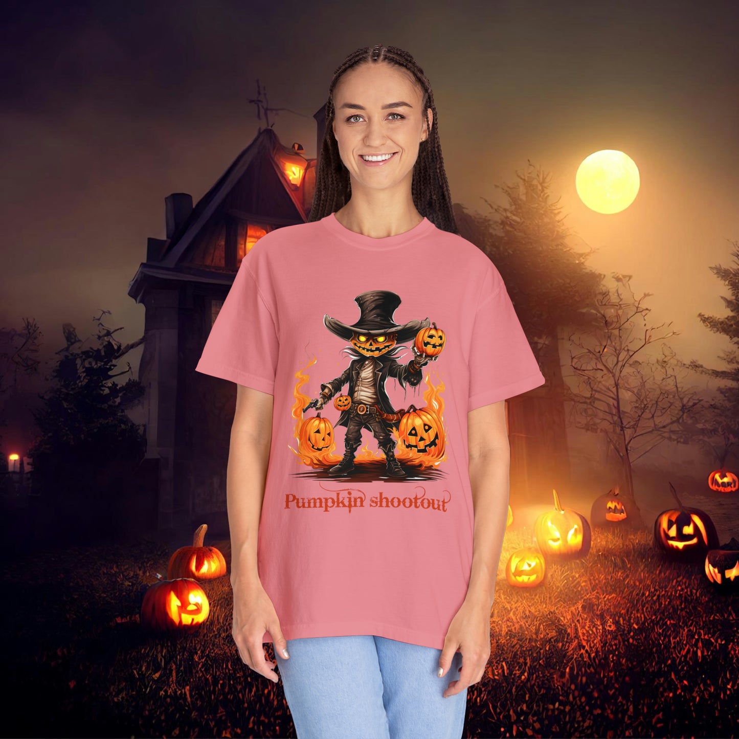 Cowboy Skeleton Gunslinger Pumpkin Shoot Out Halloween Unisex Garment-Dyed T-shirt Gifts for her Gifts for him