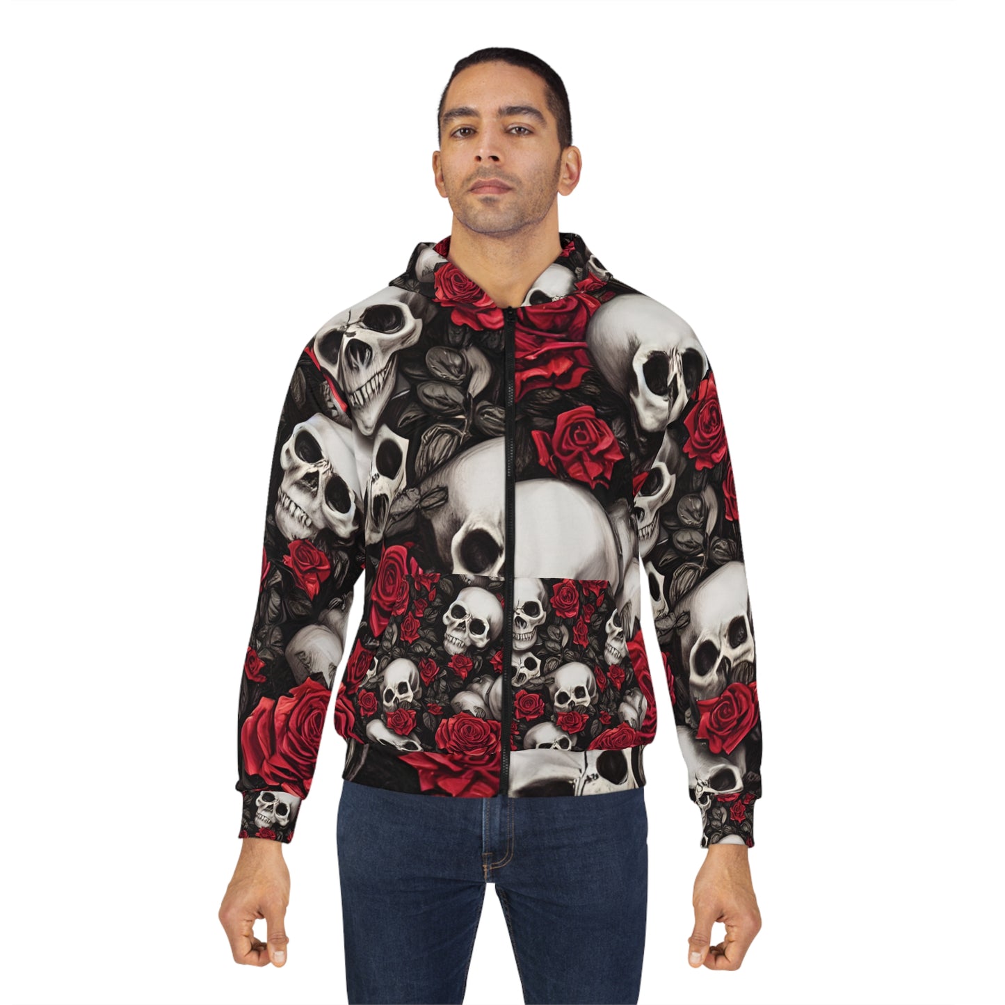 Skulls with Red Roses Hyper Realistic by French Artist Anne-Laure Goupil Unisex Zip Hoodie (AOP)