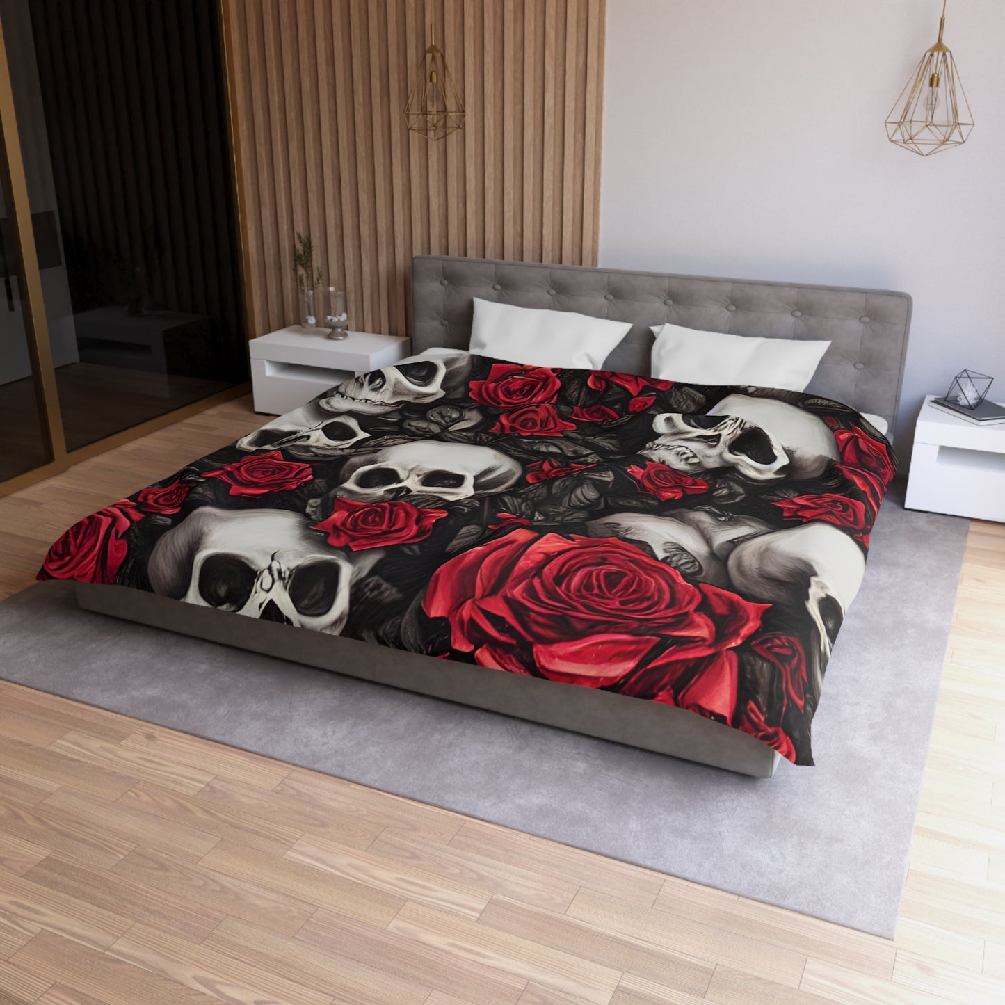 Hyper Realistic Skulls and Red Roses by artist Anne-Laure Goupil Microfiber Duvet Cover