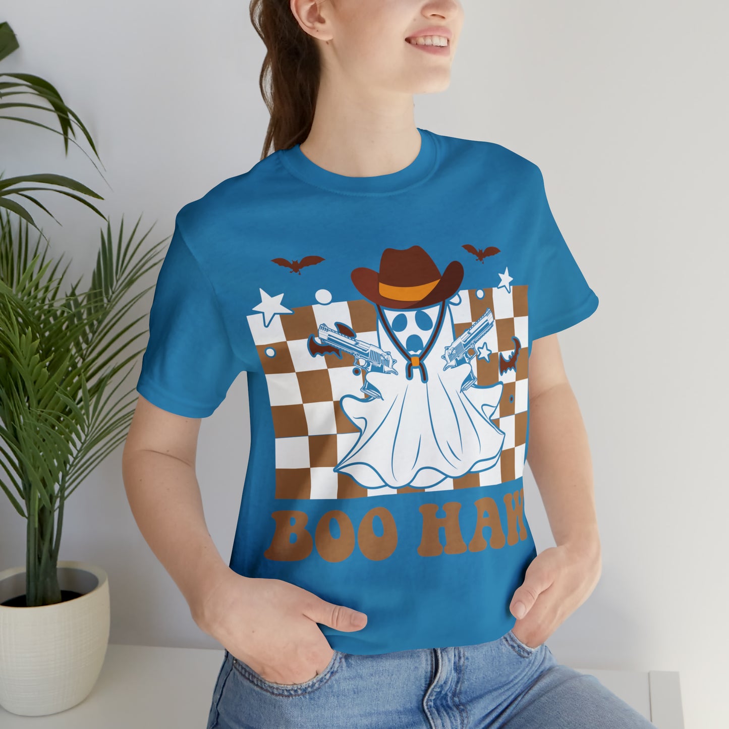 Cowboy Gunslinging Ghost saying Boo Haw Retro Western Halloween Unisex Jersey Short Sleeve Tee Gifts for Him Gifts for Her