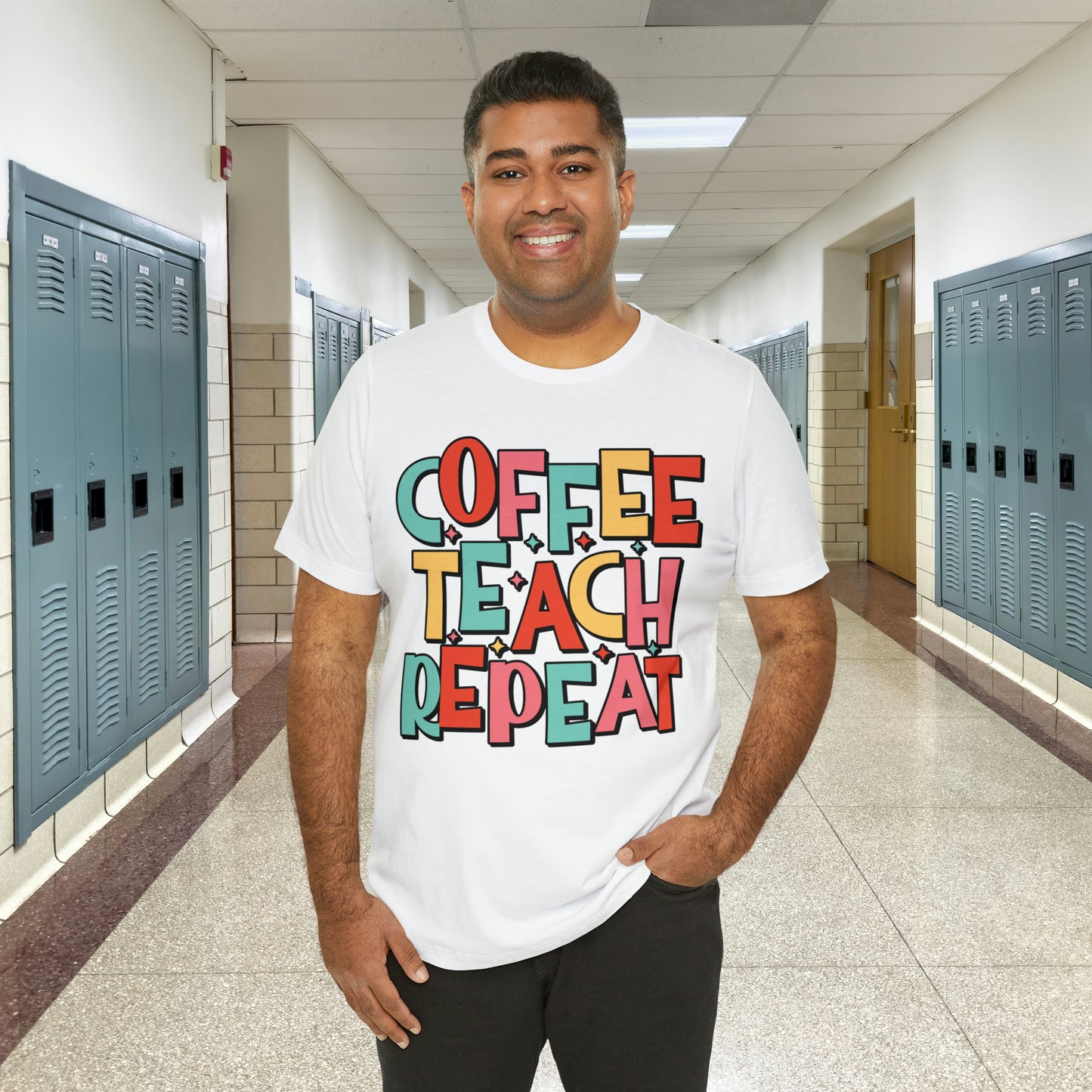 Coffee Teach Repeat Unisex Jersey Short Sleeve Tee