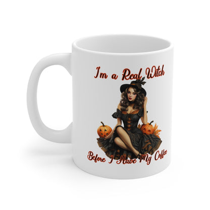 Vintage Pinup Witch: Sip Your Spells in Style "I'm a real Witch before I have my coffee" Halloween Ceramic 11oz Mug Gifts for her