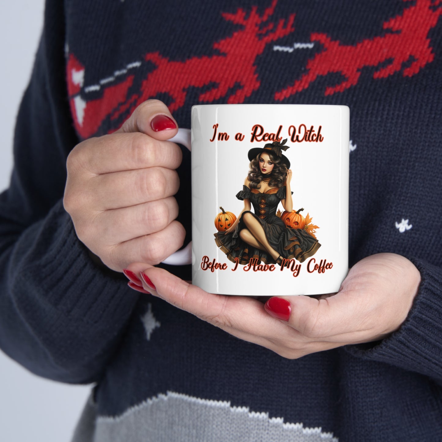 Vintage Pinup Witch: Sip Your Spells in Style "I'm a real Witch before I have my coffee" Halloween Ceramic 11oz Mug Gifts for her