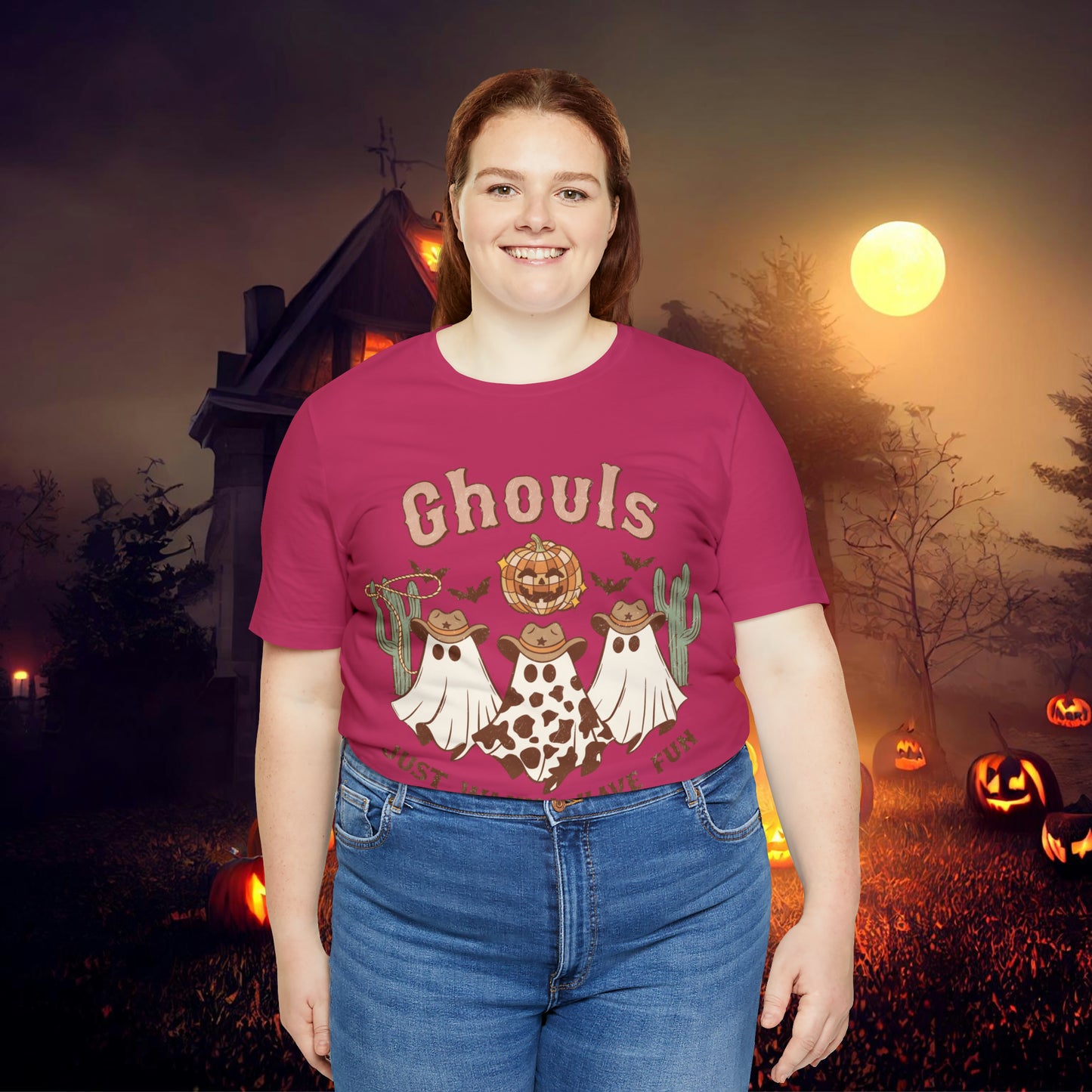 Ghouls Just wanna have fun Cowgirl Ghosts Retro Halloween Unisex Jersey Short Sleeve Tee Gifts for her