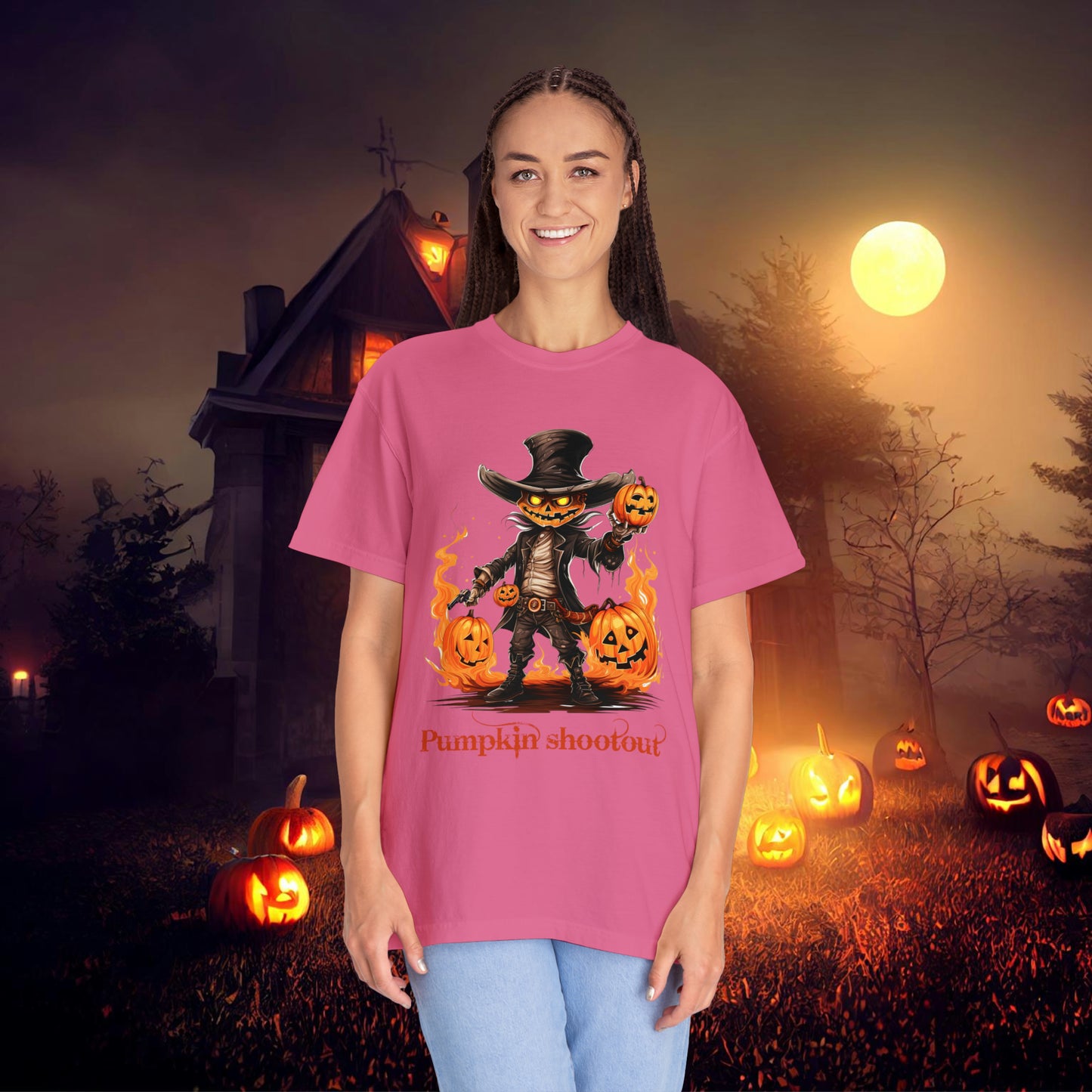 Cowboy Skeleton Gunslinger Pumpkin Shoot Out Halloween Unisex Garment-Dyed T-shirt Gifts for her Gifts for him