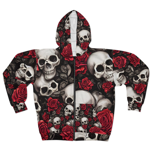 Skulls with Red Roses Hyper Realistic by French Artist Anne-Laure Goupil Unisex Zip Hoodie (AOP)