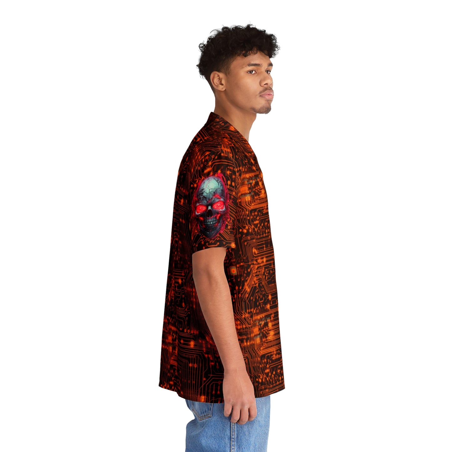 CyberPunk Cybernetic Skull breaking through a Orange Neon Circuit Board Men's Hawaiian Shirt (AOP)