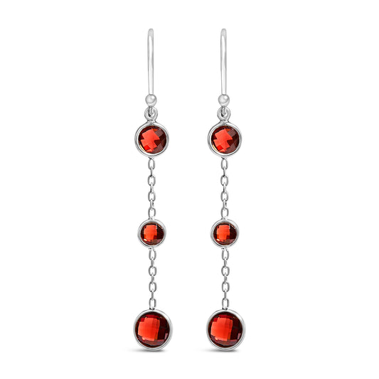 .925 Sterling Silver Graduating Bezel Set Red Garnet Dangle Earring