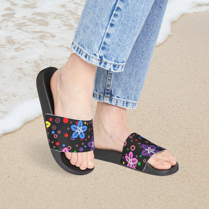 Good Times Good Vibes Feeling Groovy Retro Colorful Flowers Women's PU Slide Sandals