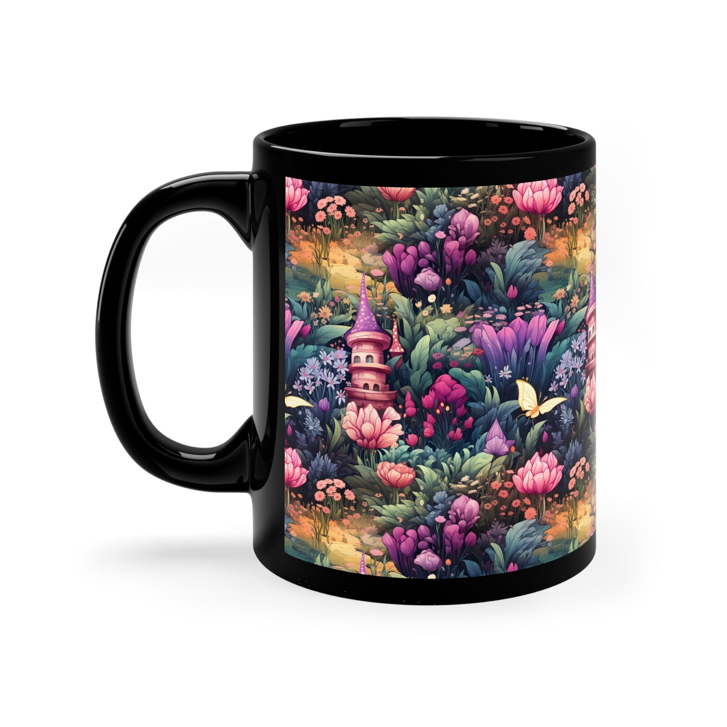 Fairy Garden With Pink & Purple Flowers in the Enchanted Forest Mug - Bringing Magic to Your Morning Brew" 11oz Black Mug Fairycore