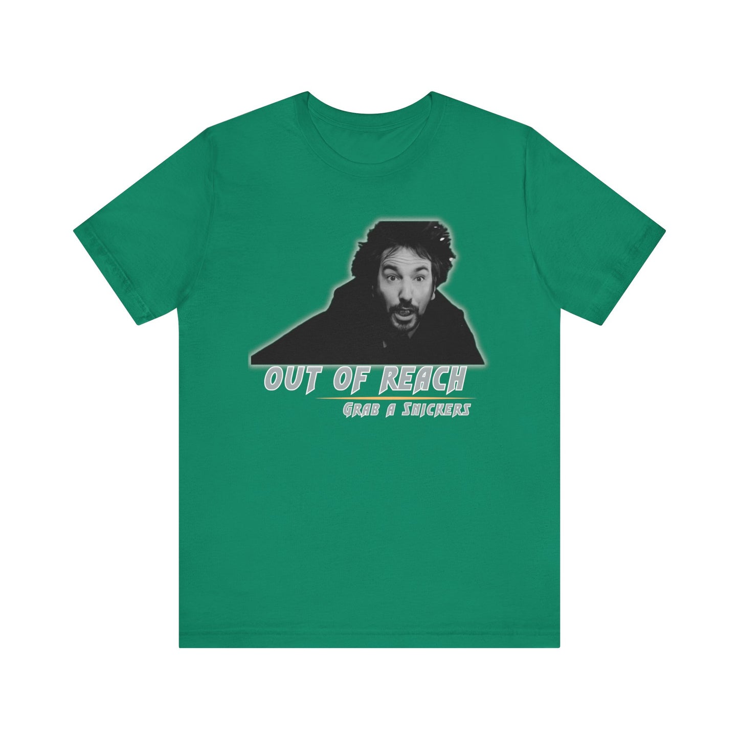 Inspired Parody Die Hard Hans Gruber Tee: Out of Reach, Grab a Snickers! Unisex Jersey Short Sleeve Tee